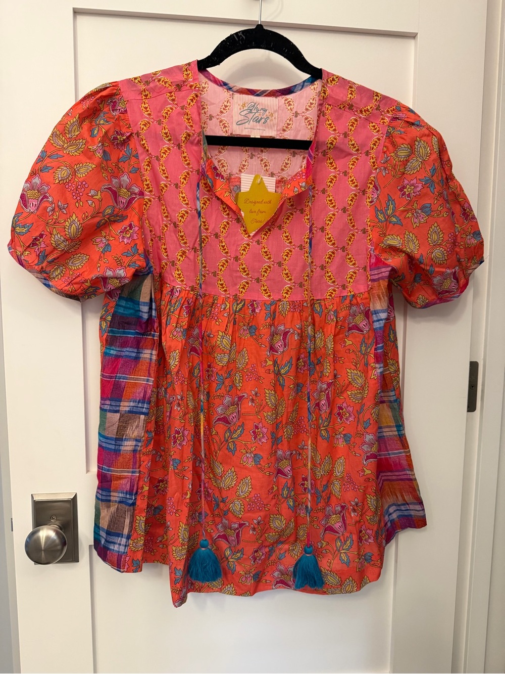 Flower Printed Puff-Sleeve Women’s Top in Orange and Pink